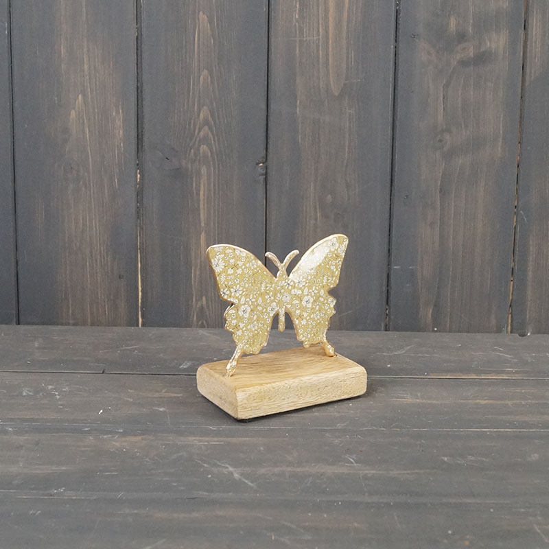 Small Light Green Metal Butterfly on Wooden Base detail page